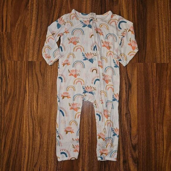 Larkspur Baby Company Rainbow & Lotus Bamboo Double Zipper Romper Baby Size 6-12 - Picture 1 of 5